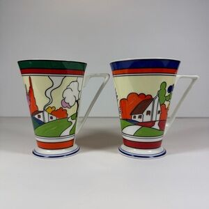 2 Wren Giftware Home Sweet Home Cups Mugs England Bone China Art Deco Style VTG